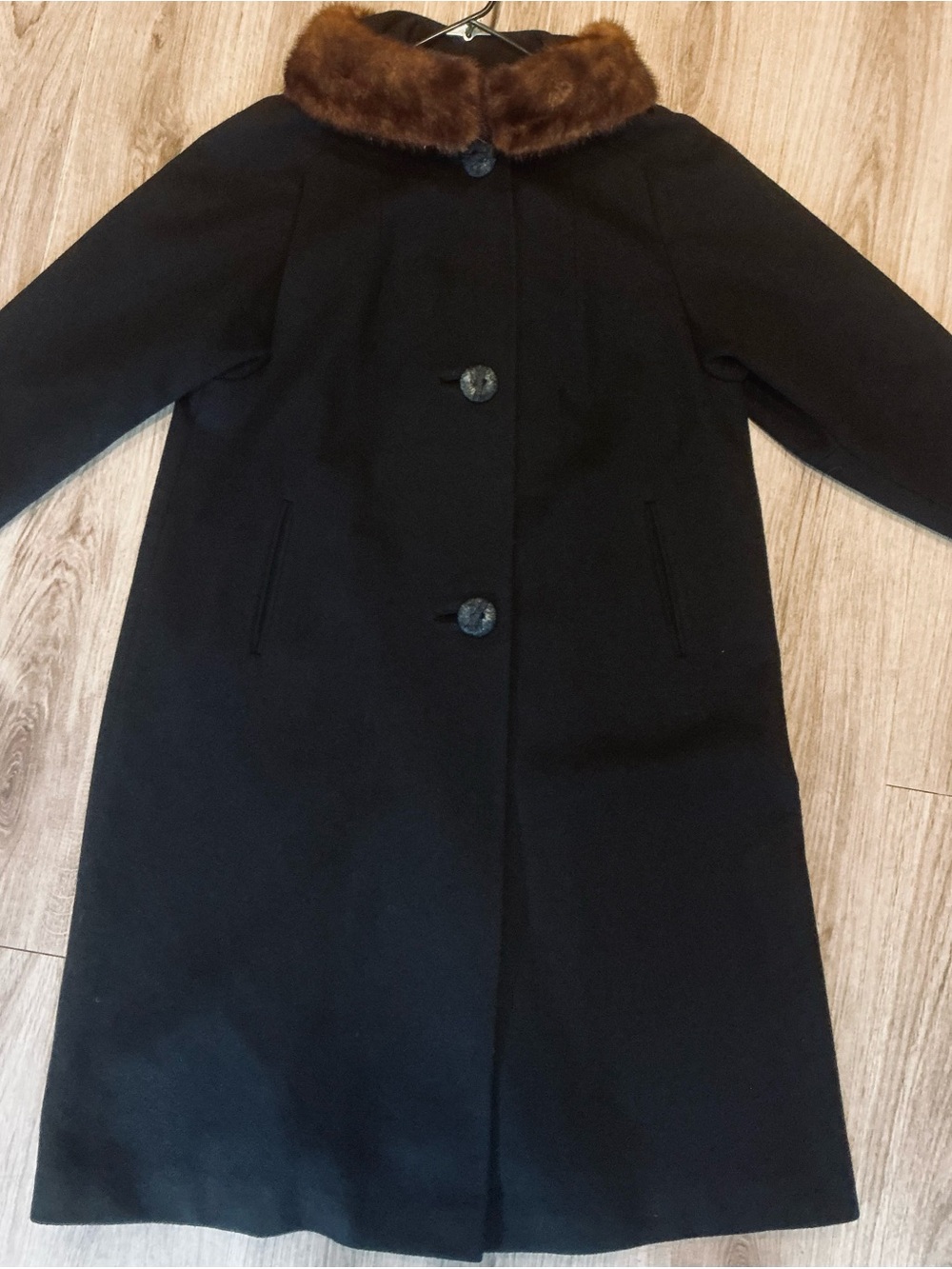Vintage Black WOOL Coat with Brown Fur Collar Mid Century Dress Pea Coat
